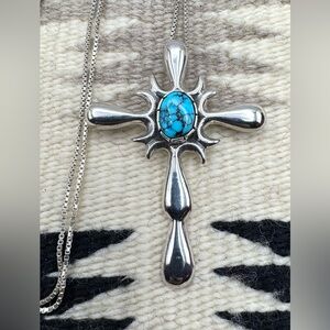 Native American Sterling Silver Turquoise Cross Enhancer Pendant Pin Necklace